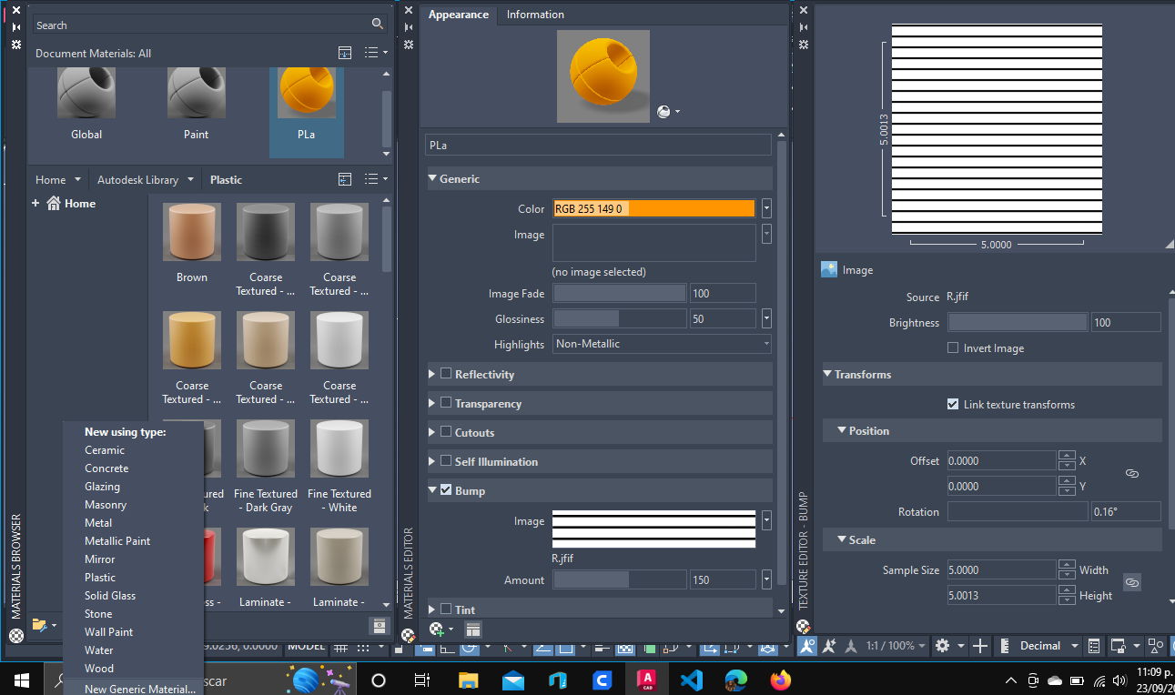 captura de pantalla donde muestra el buscador de materiales, editor del material y editor de Bump